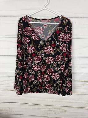 SJS Women's Medium Black Floral V-Neck Bell Sleeve Blouse with Lace